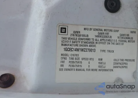 1998 Chevrolet C1500 Fleetside W/T z USA, uszkodzony, nr VIN 1GCEC14W1WZ279013